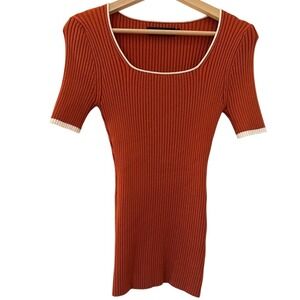 Zesica Womens Burnt Orange‎ Ribbed Knit Square Neck Short Sleeve Top Large